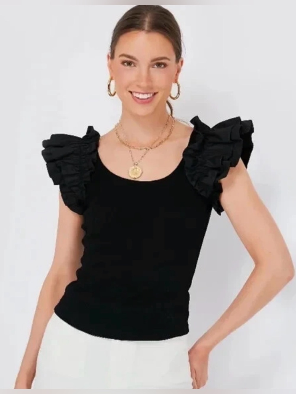 Pomander Place Tuckernuck Black Ruffle Rita Top Size Large
